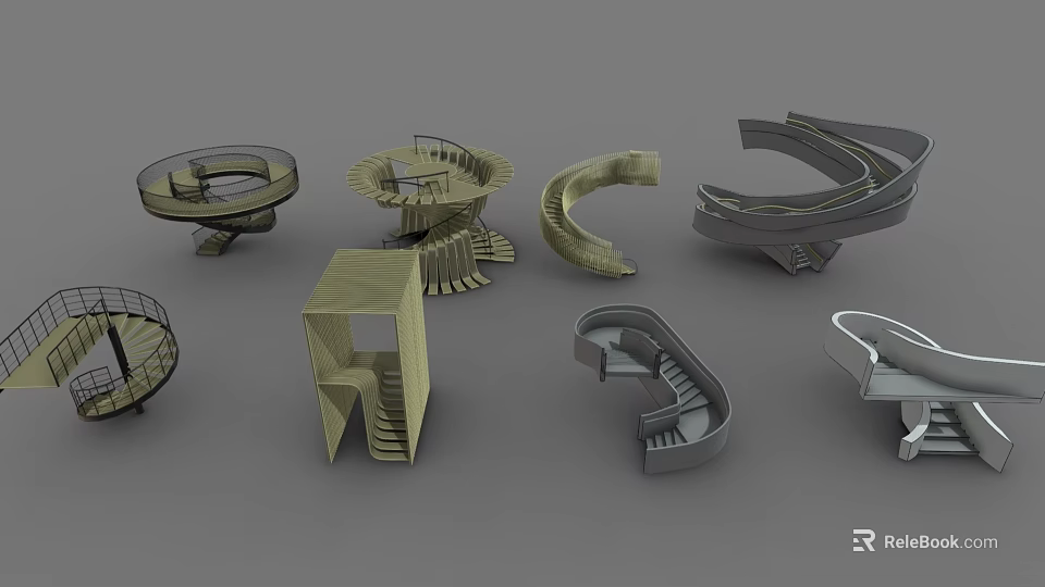 Creative Spiral Stairs With Different Designs Various Shapes And Diverse Materials 3d model 