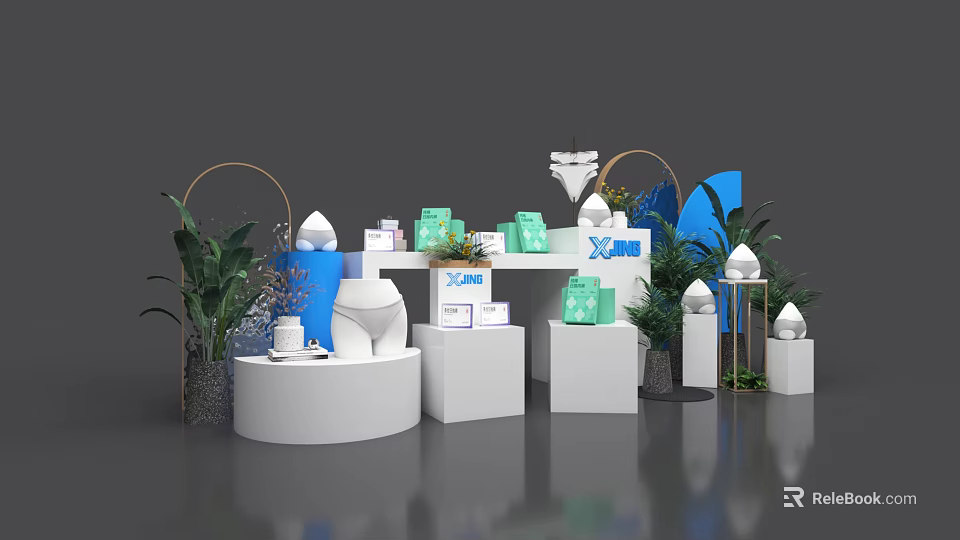 XOMI Art Installation With White Display Stands Green Boxes And Curved Arches 3d model 