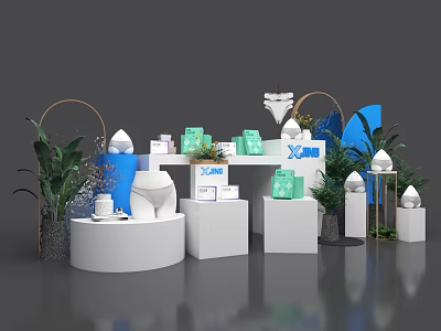 XOMI Art Installation With White Display Stands Green Boxes And Curved Arches 3d model