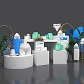 XOMI Art Installation With White Display Stands Green Boxes And Curved Arches