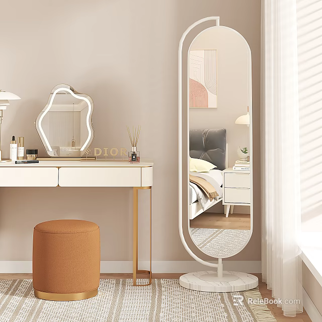 Modern Elegant Dressing Table Interior With White Surface Gold Legs Octagonal Mirror And Orange Stool 3d model 