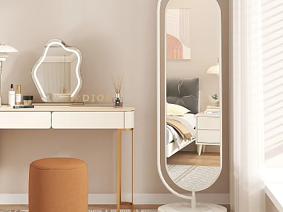 Modern Elegant Dressing Table Interior With White Surface Gold Legs Octagonal Mirror And Orange Stool 3d model