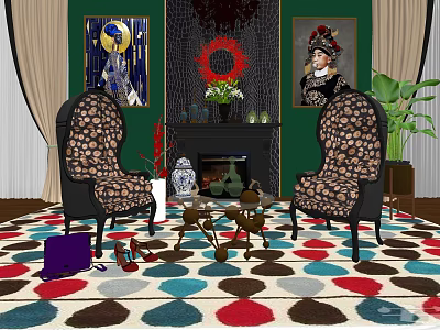Stylish Accent Chairs on Colorful Geometric Rug with Fireplace Wall Art and Greenery 3d model
