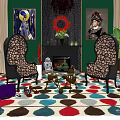 Stylish Accent Chairs on Colorful Geometric Rug with Fireplace Wall Art and Greenery