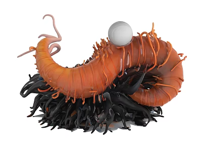 Orange Creature With Long Tentacles White Sphere And Black Base Structures 3d model