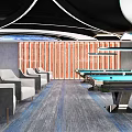 Modern Billiard Room Interior With Tables Lighting Bar Counter Blue Gray Carpet And Comfortable Seating