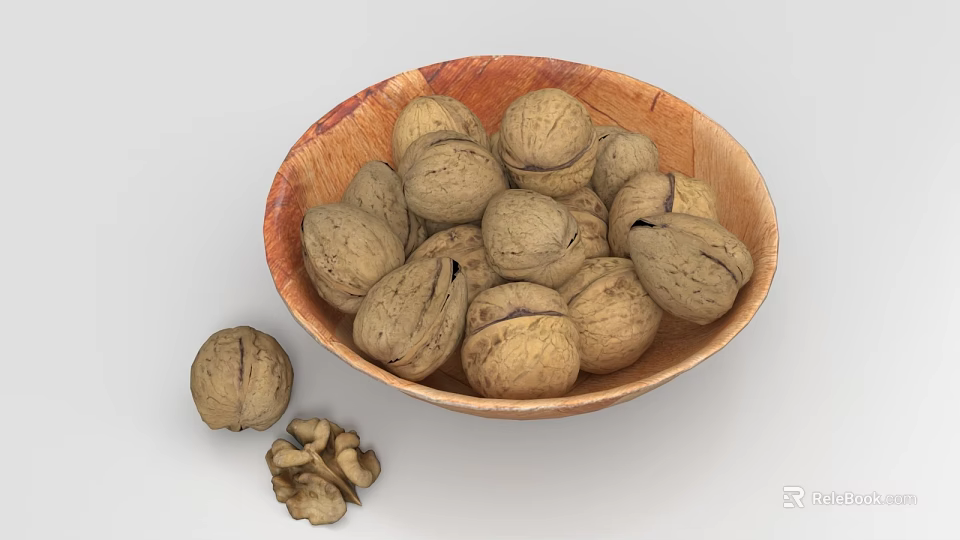 Fresh Walnuts in Natural Wooden Bowl with Some Scattered Nuts on Surface 3d model 