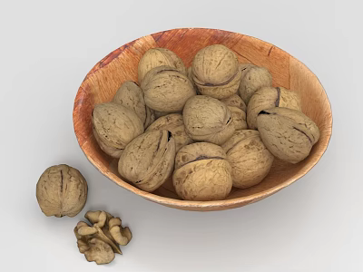 Fresh Walnuts in Natural Wooden Bowl with Some Scattered Nuts on Surface 3d model
