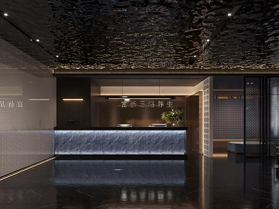 Minimalist Store Front Desk With Metallic Texture Marble Countertop Wooden Backdrop And Lighting Design 3d model
