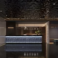 Minimalist Store Front Desk With Metallic Texture Marble Countertop Wooden Backdrop And Lighting Design