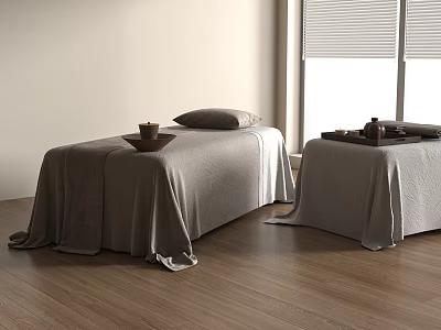 Cozy Bedroom With Two Beds Gray Sheets Wooden Floor And Window Blinds 3d model