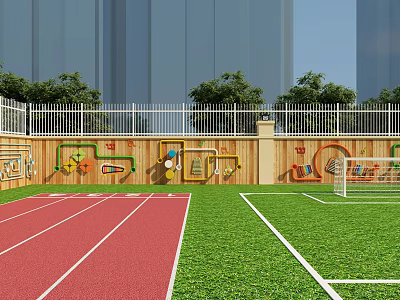 Outdoor Kids Playground With Red Running Track Green Football Field And Wooden Climbing Wall 3d model