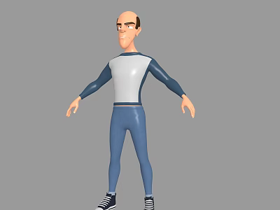 3D Game Character Design With Bald Head Grey White Long Sleeve Top Blue Pants Sneakers 3d model