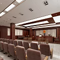 Courtroom Interior With Judge's Bench Wooden Panels And Arranged Seats
