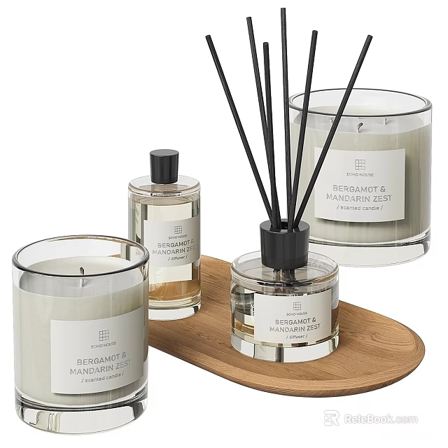 Minimalist Modern Fragrance Products With Scented Candles Reed Diffusers And Glass Bottles On Wooden Tray 3d model 