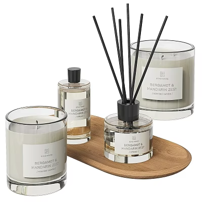 Minimalist Modern Fragrance Products With Scented Candles Reed Diffusers And Glass Bottles On Wooden Tray 3d model