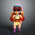 Cute Animated Girl Figure With Pink Headscarf Blue Trim Red Backpack Yellow Dress Purple Shoes