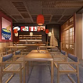Traditional Chinese Restaurant Interior With Red Lanterns Wavy Wall Wooden Tables And Wicker Chairs