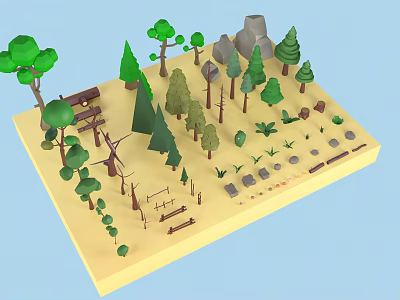 Cartoon Natural Scene with 3D Trees Rocks Wooden Logs and Small Plants 3d model
