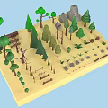 Cartoon Natural Scene with 3D Trees Rocks Wooden Logs and Small Plants