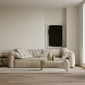 Beige Upholstered Multi person Sofa With Side Table And Black Wall Art In Modern Interior