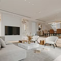 Modern Living and Dining Room With Light Gray Sofa White Coffee Table And Pendant Lights