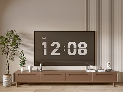 Modern TV Stand With TV Screen Potted Plant Decorative Items And Striped Wall Background 3d model