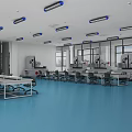 Modern Laboratory Interior With Blue Flooring Glass Partitions White Cabinets And Long Tables