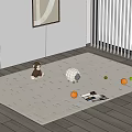 Square Carpet On Wooden Floor With Monkey Sheep Toys Oranges Limes And Magazine