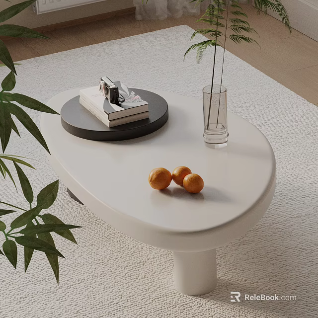 Sofa Coffee Table Set with Black Tray Books Oranges Transparent Vase Greenery on Light Rug 3d model 