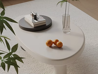 Sofa Coffee Table Set with Black Tray Books Oranges Transparent Vase Greenery on Light Rug 3d model