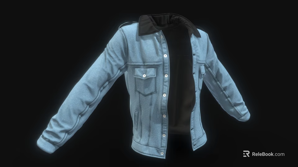 Light Blue Denim Jacket With Black Collar Open Front Buttons And Pockets 3d model 