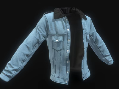 Light Blue Denim Jacket With Black Collar Open Front Buttons And Pockets 3d model