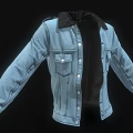 Light Blue Denim Jacket With Black Collar Open Front Buttons And Pockets 3d model
