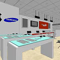 Modern Digital Store Interior With Counter TV Screen Seating And Electronics 3d model