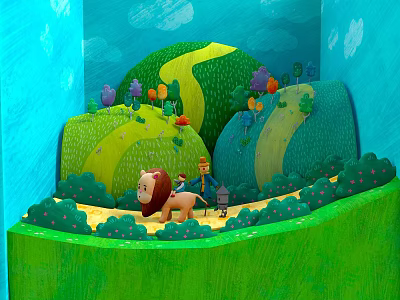 Scenic Green Hills With Yellow Path Lion And Trees Under Blue Sky With Clouds 3d model