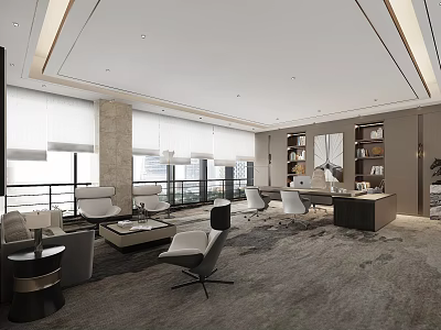 Modern Office Interior With Large Windows Roller Blinds Office Desk And Comfortable Chairs 3d model
