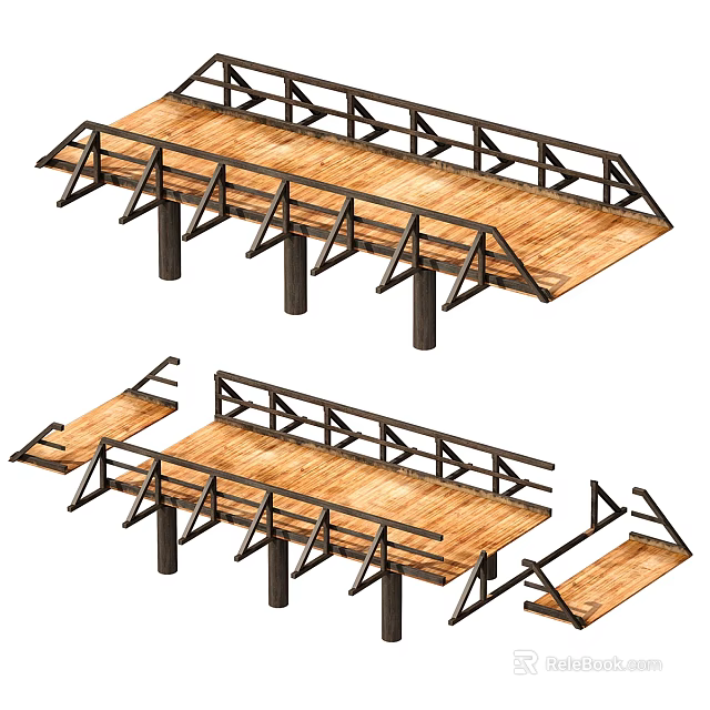 Wooden Bridge Structure With Planks Support Beams And Railings Design Elements 3d model 