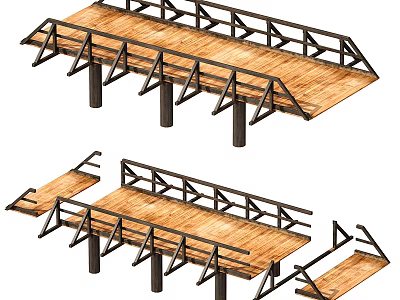 Wooden Bridge Structure With Planks Support Beams And Railings Design Elements 3d model