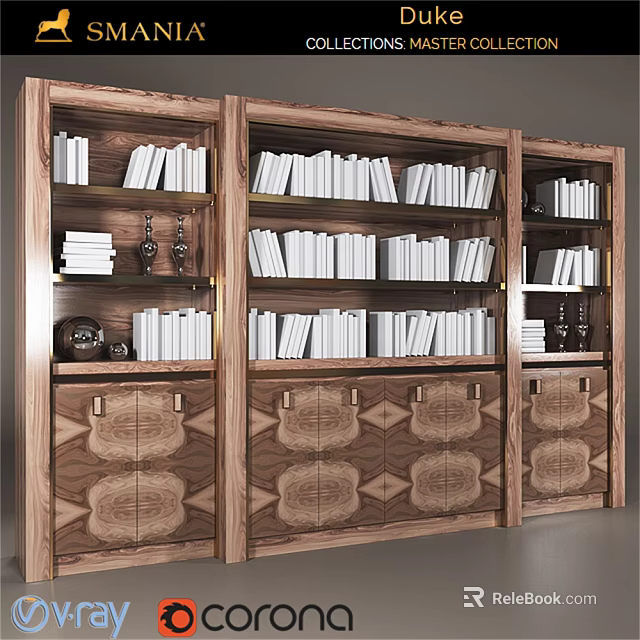 Elegant Wooden Bookcase With Multi Tiered Shelves Filled With Books And Decorative Items 3d model 