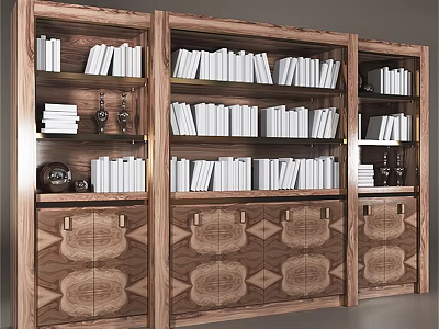 Elegant Wooden Bookcase With Multi Tiered Shelves Filled With Books And Decorative Items 3d model
