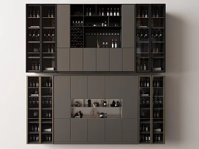 Modern Contemporary Wine Cabinet Design With Glass Doors Organized Storage Shelves And Decorative Items 3d model