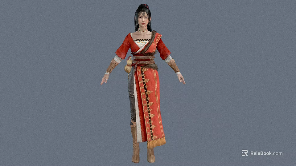 Woman In Traditional Red Long Dress With Decorative Belt And Leather Boots 3d model 