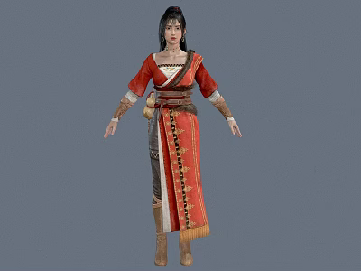 Woman In Traditional Red Long Dress With Decorative Belt And Leather Boots 3d model
