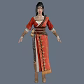 Woman In Traditional Red Long Dress With Decorative Belt And Leather Boots