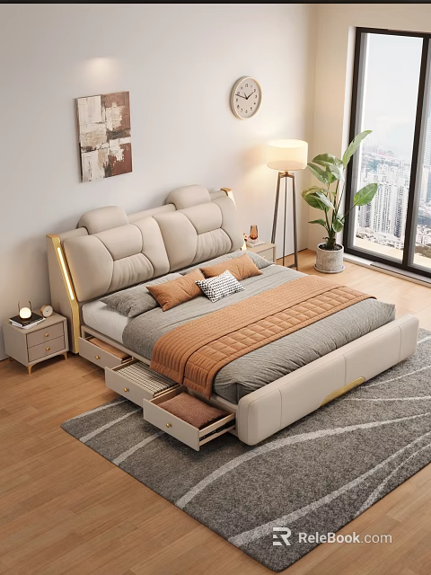 Modern Elegant Bedroom Interior With Upholstered Bed Gold Accents Storage Drawers And City View Window 3d model 