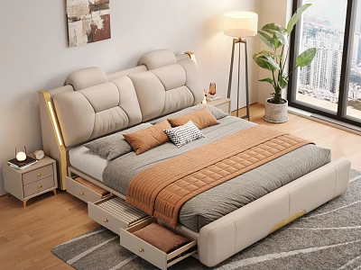 Modern Elegant Bedroom Interior With Upholstered Bed Gold Accents Storage Drawers And City View Window 3d model