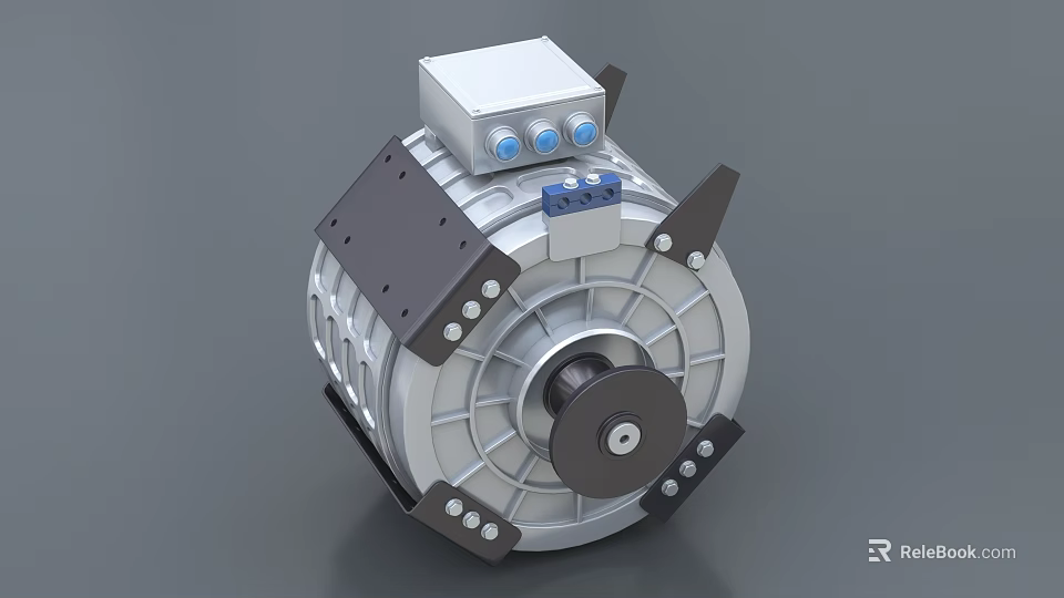 Industrial Electric Motor with Silver Housing Black Brackets Central Shaft Control Box and Blue Indicators 3d model 