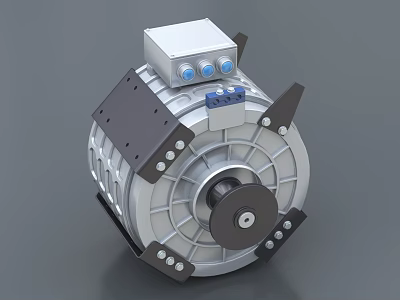 Industrial Electric Motor with Silver Housing Black Brackets Central Shaft Control Box and Blue Indicators 3d model