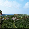 Detached Villa Surrounded by Lush Green Trees With Distant Mountains Under Blue Sky and White Clouds